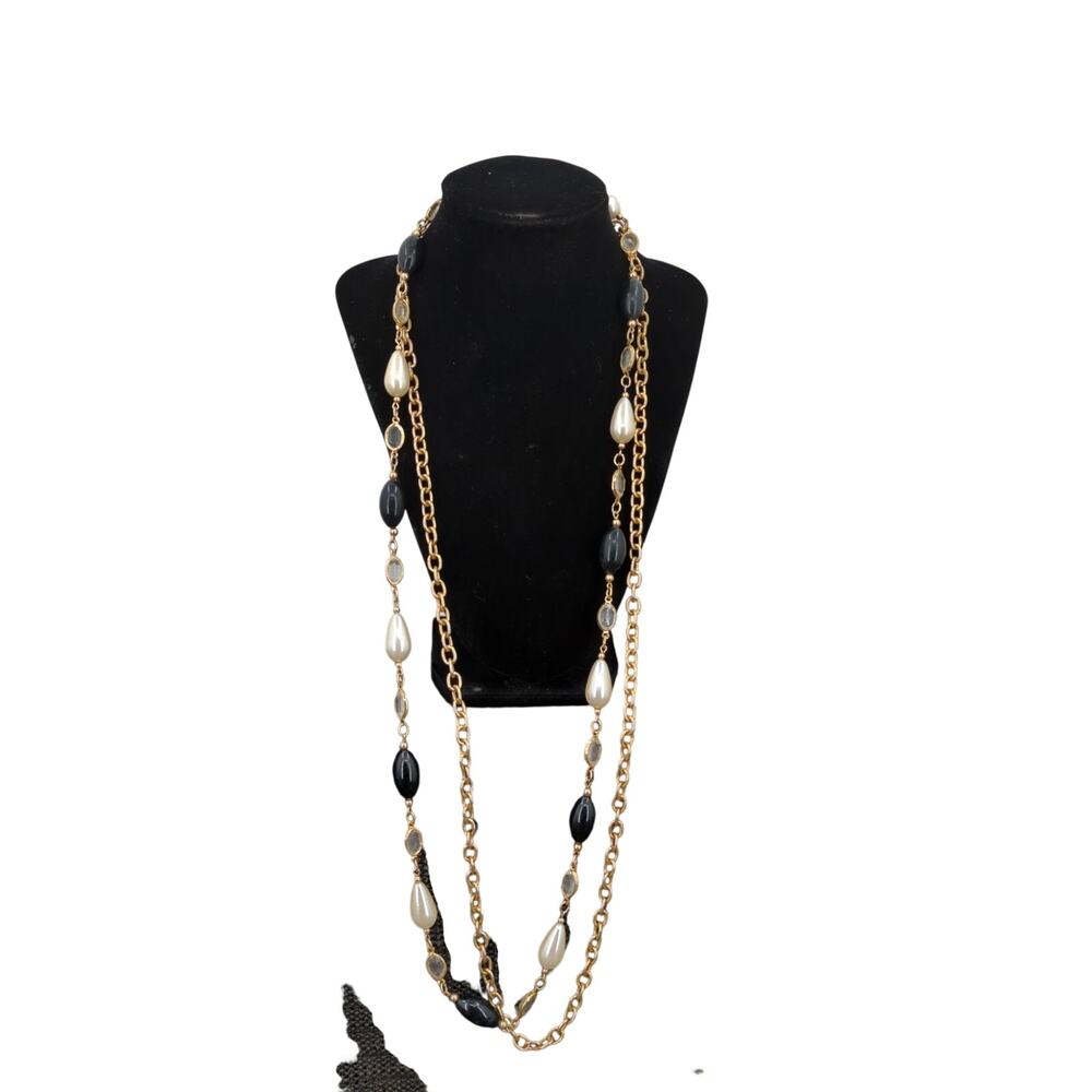 Vintage Premier Designs Multi-Strand Faux Pearl & Onyx Necklace 18"